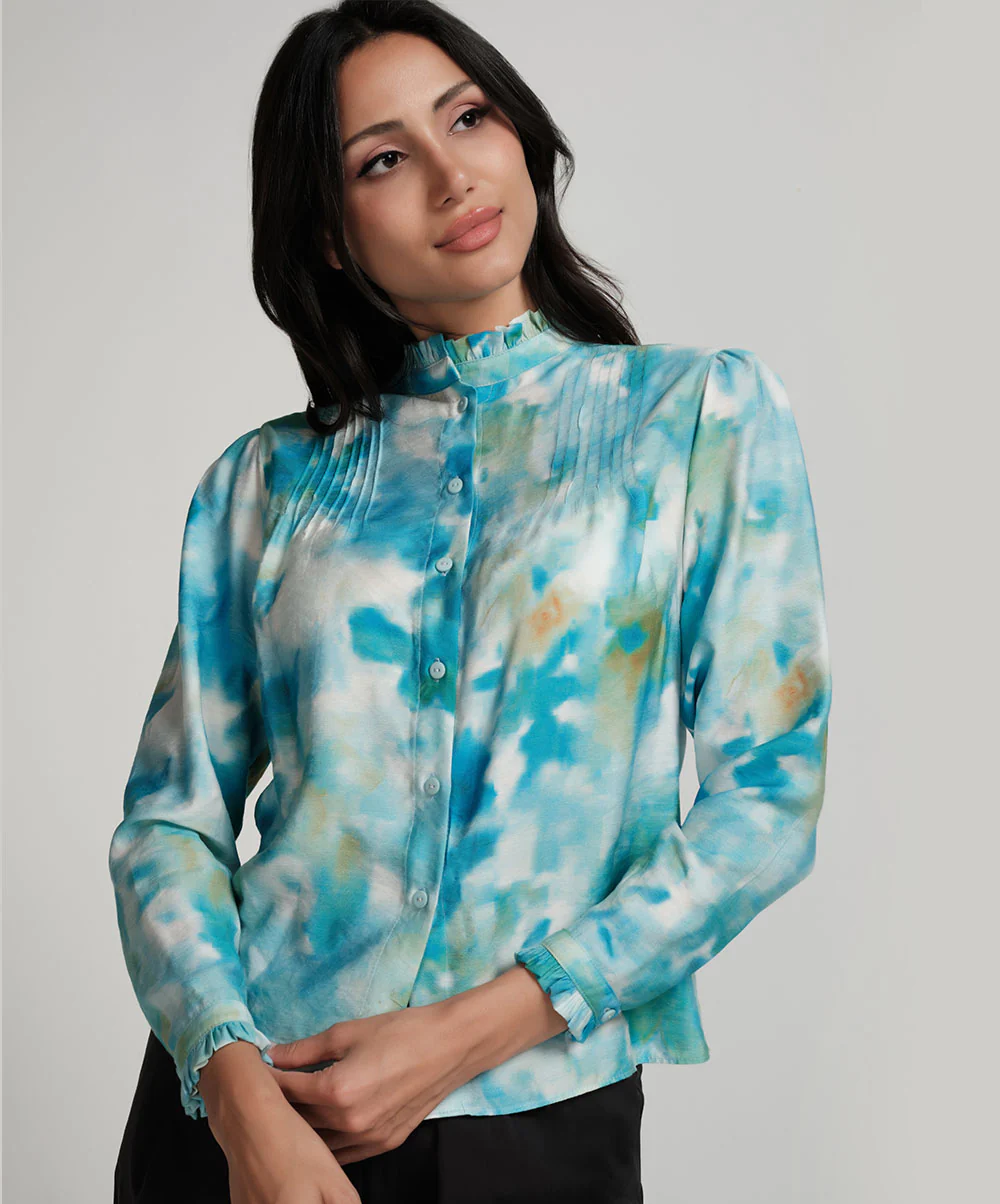 Pintuck Detailed Shaded Blue Printed Top