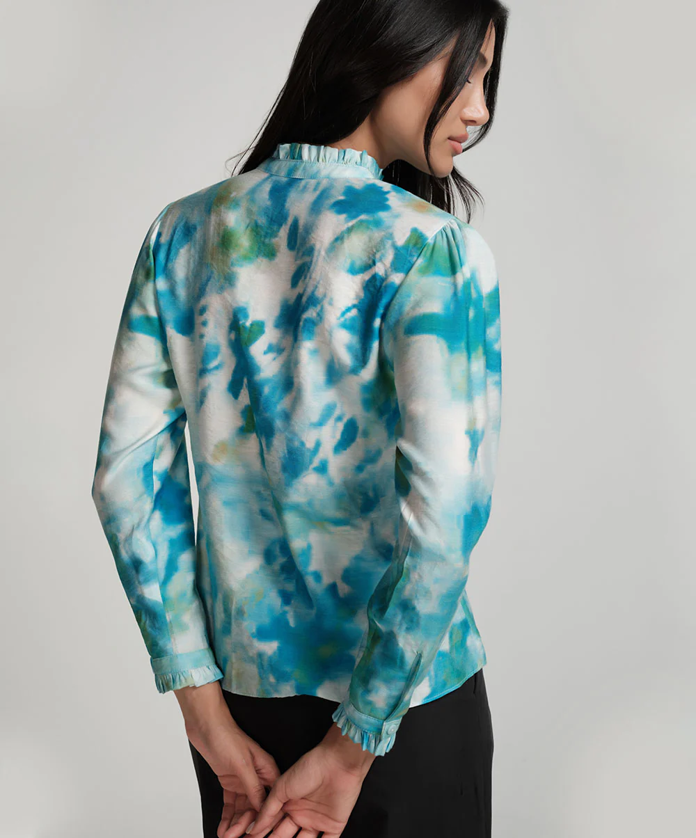 Pintuck Detailed Shaded Blue Printed Top - Image 3