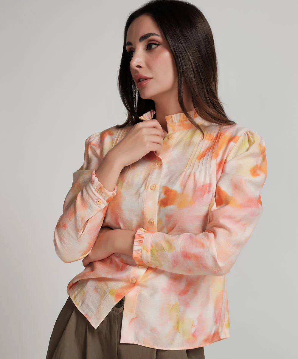 Pintuck Detailed Shaded Orange Printed Top - Image 2