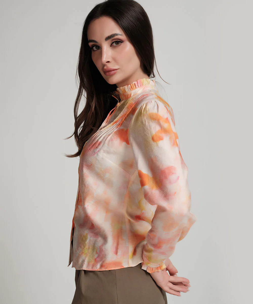 Pintuck Detailed Shaded Orange Printed Top - Image 3