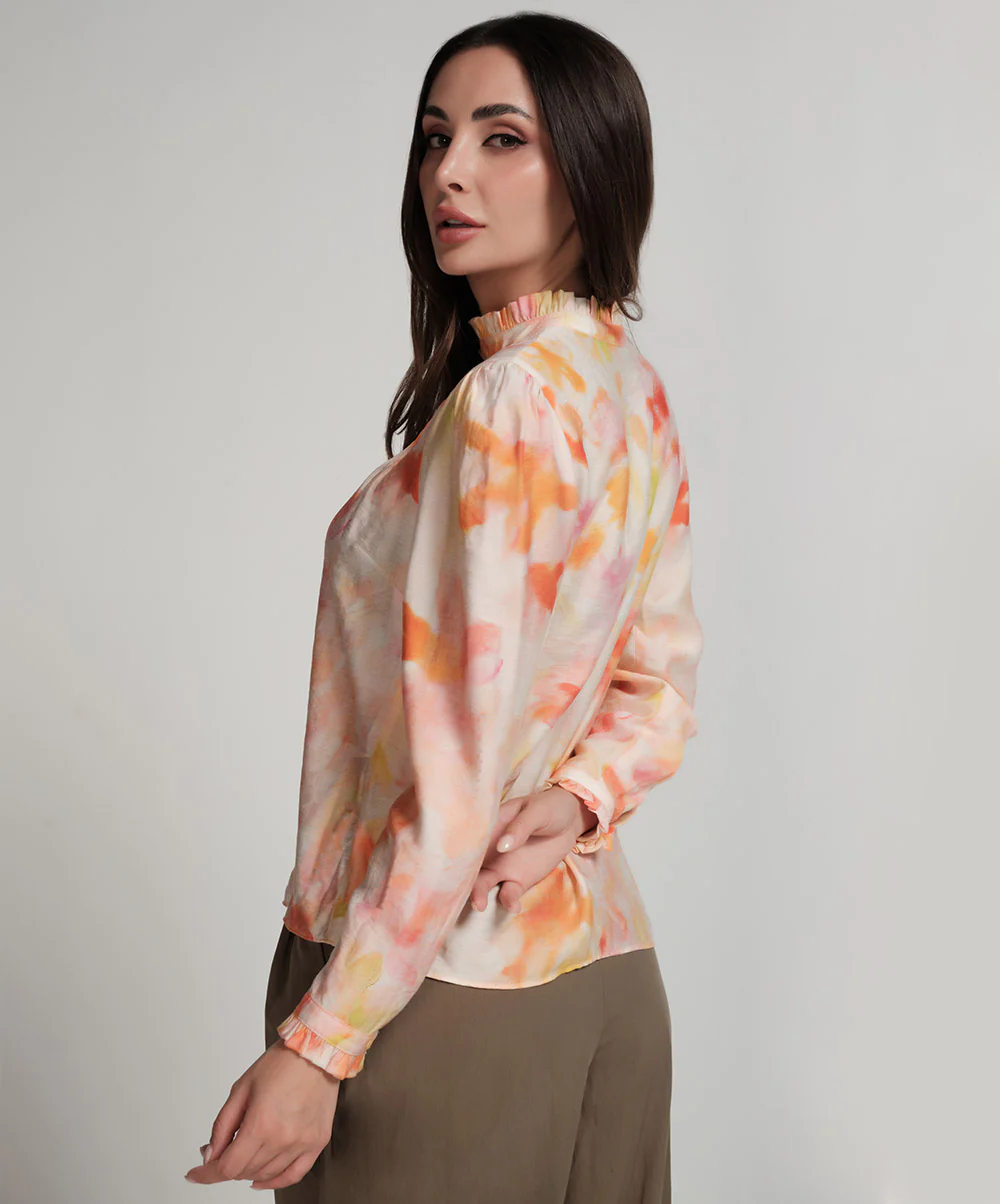 Pintuck Detailed Shaded Orange Printed Top - Image 4