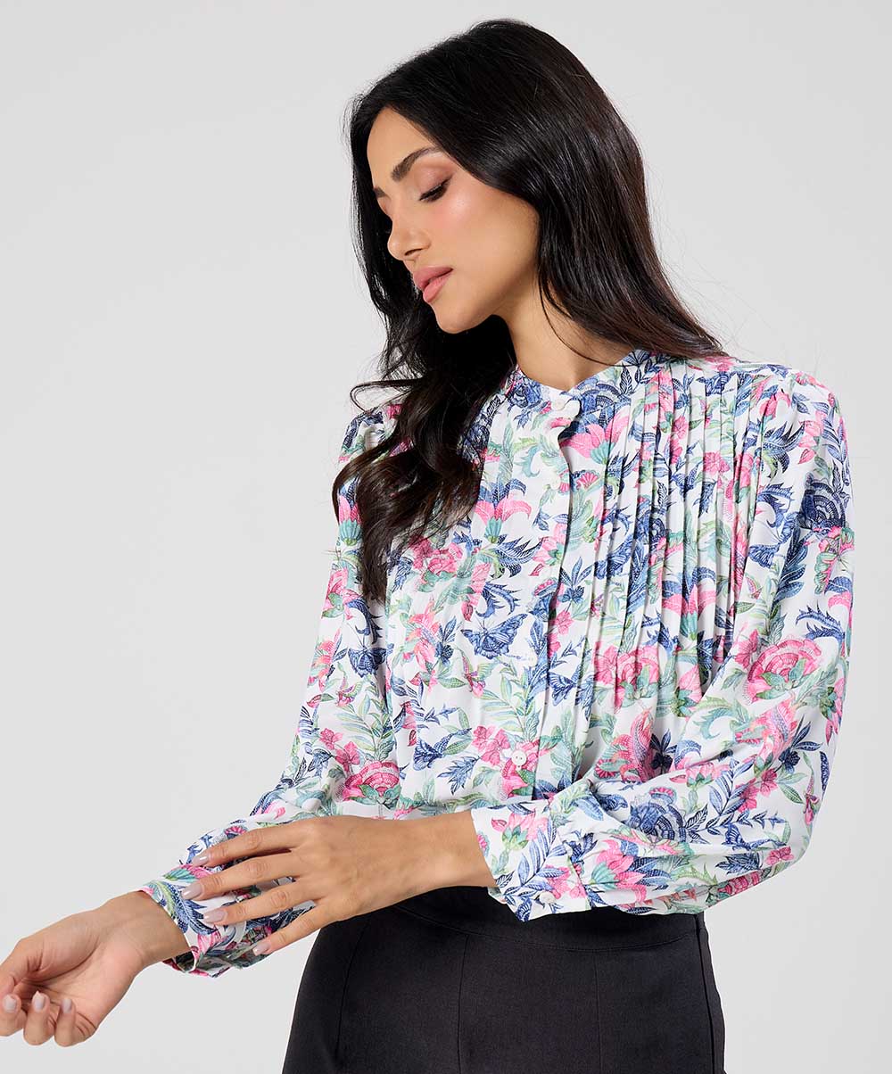 Pintuck Detailed Sleeve White Printed Top - Image 2