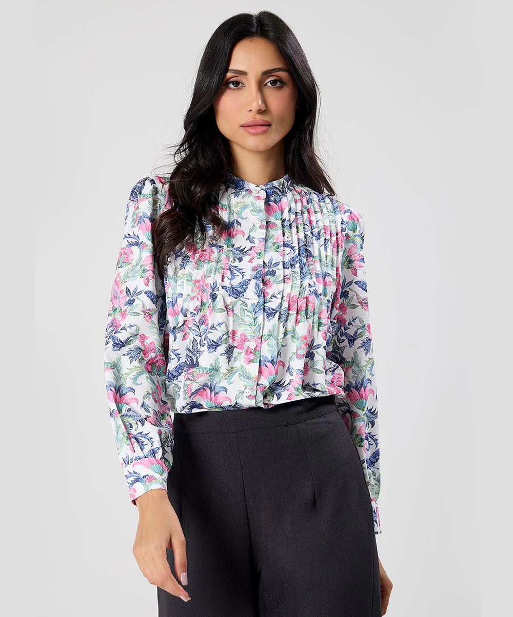 Pintuck Detailed Sleeve White Printed Top - Image 3