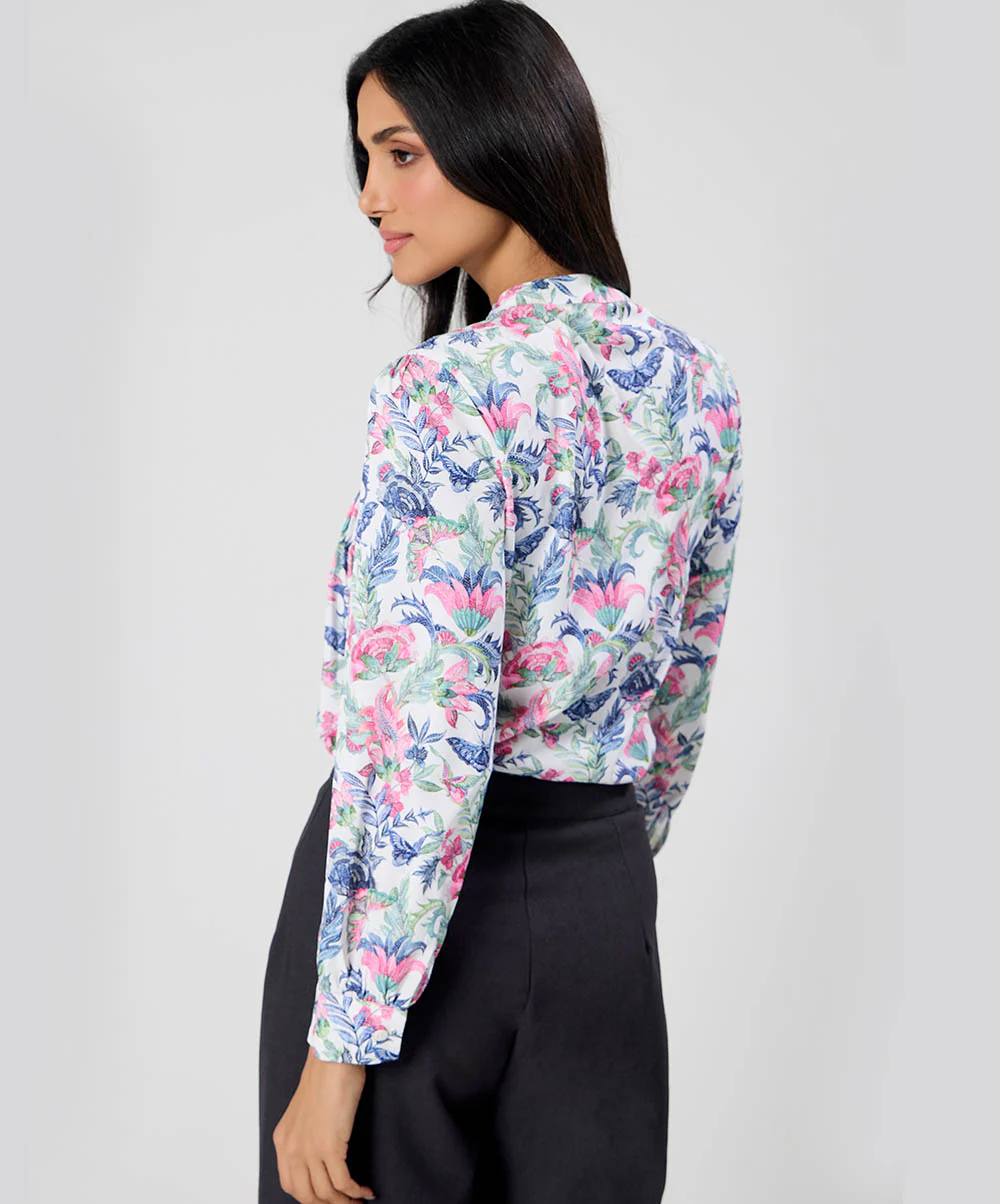 Pintuck Detailed Sleeve White Printed Top - Image 4