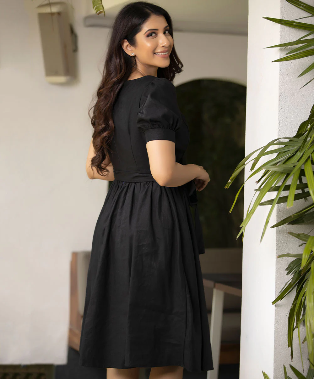 Pintuck Linen Mock Button Black Dress - Image 2