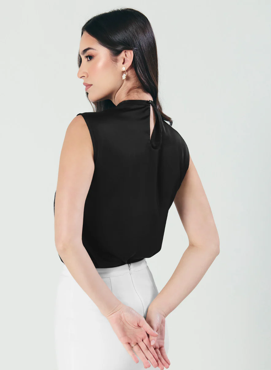 Pleated Cowl Satin Sleeveless Black Top - Image 3