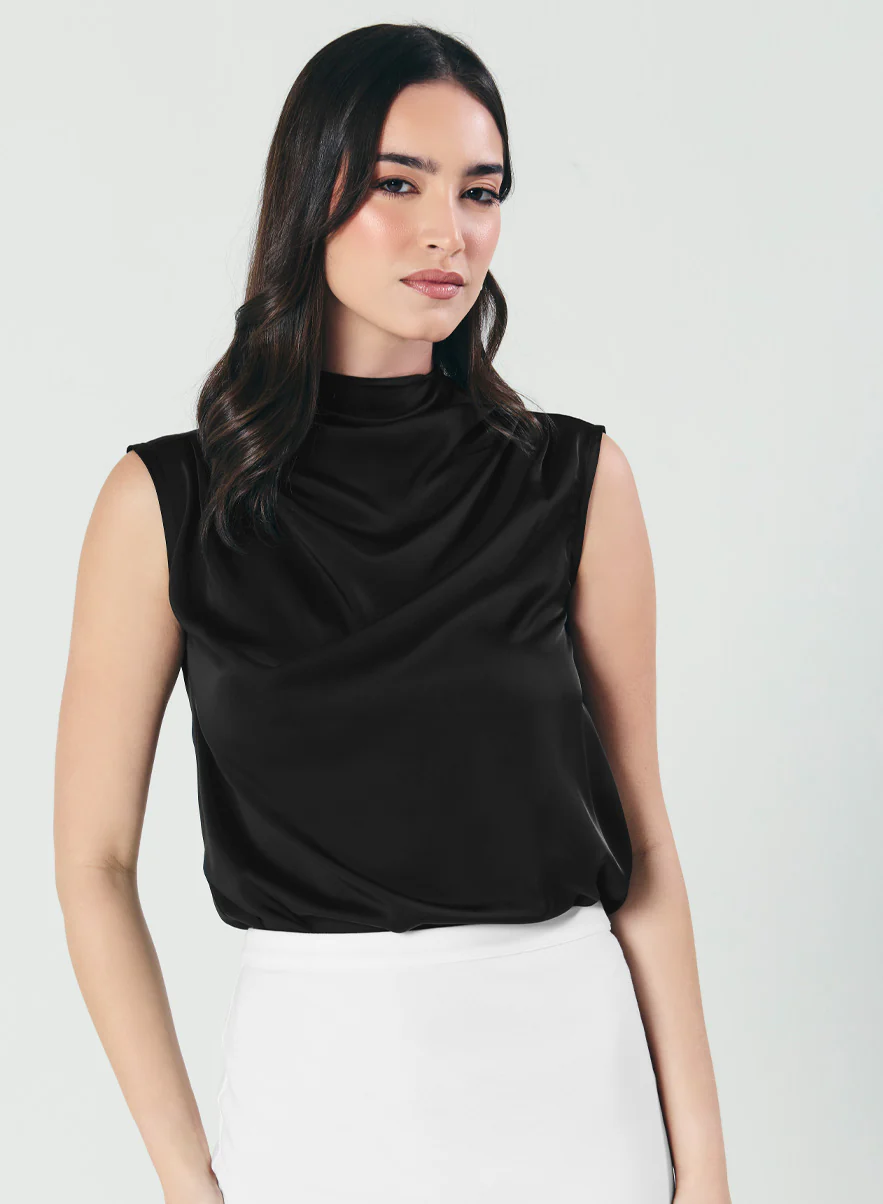 Pleated Cowl Satin Sleeveless Black Top - Image 4