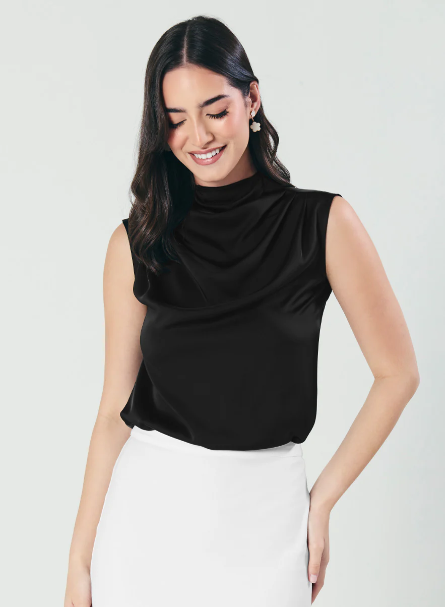 Pleated Cowl Satin Sleeveless Black Top - Image 5
