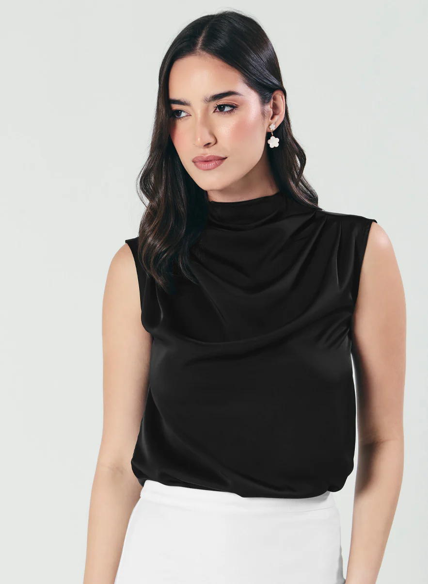 Pleated Cowl Satin Sleeveless Black Top - Image 6