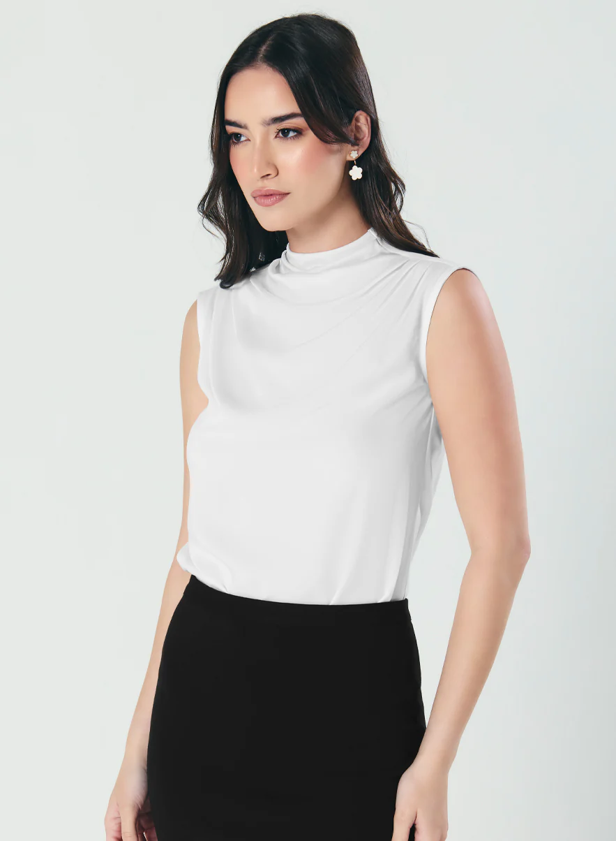 Pleated Cowl Satin Sleeveless White Top - Image 2