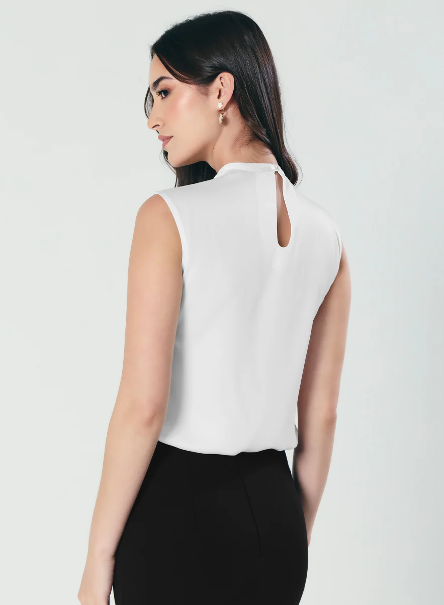 Pleated Cowl Satin Sleeveless White Top - Image 3