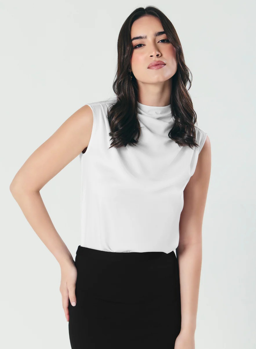 Pleated Cowl Satin Sleeveless White Top - Image 4