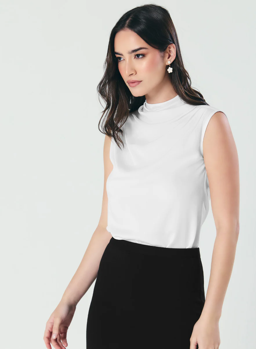Pleated Cowl Satin Sleeveless White Top - Image 6