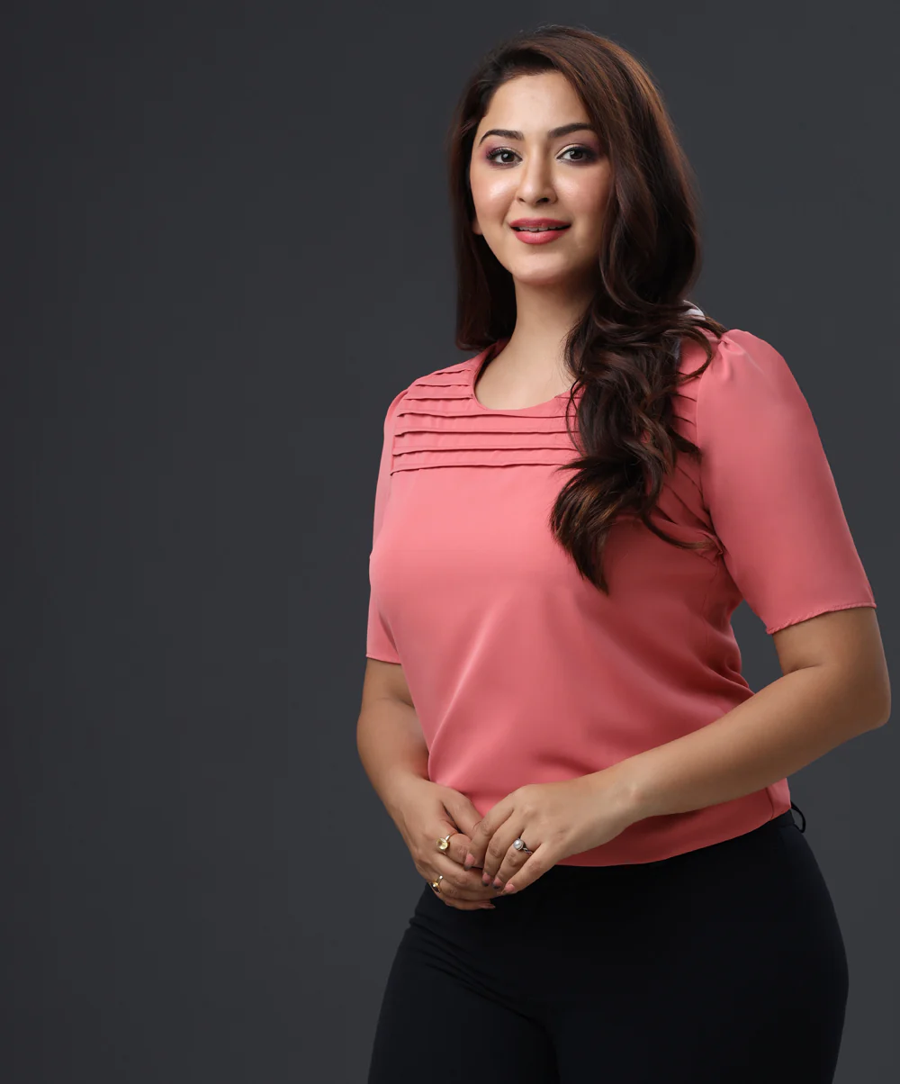 Pleated Half Sleeve Chiffon Pink Top - Image 2