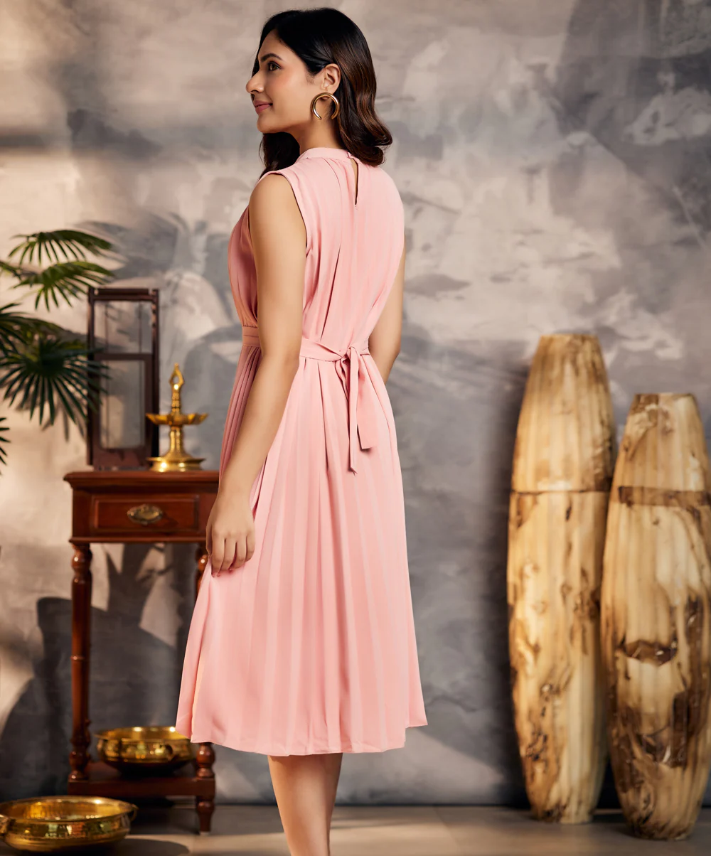 Pleated High Neck Flowy Pink Dress - Image 3