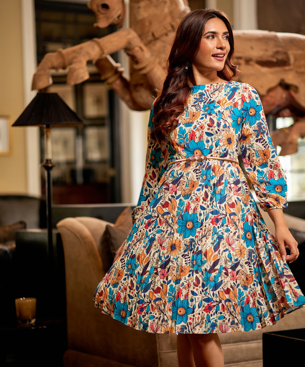 Pleated Long Sleeve Floral Neck Dress - Image 2