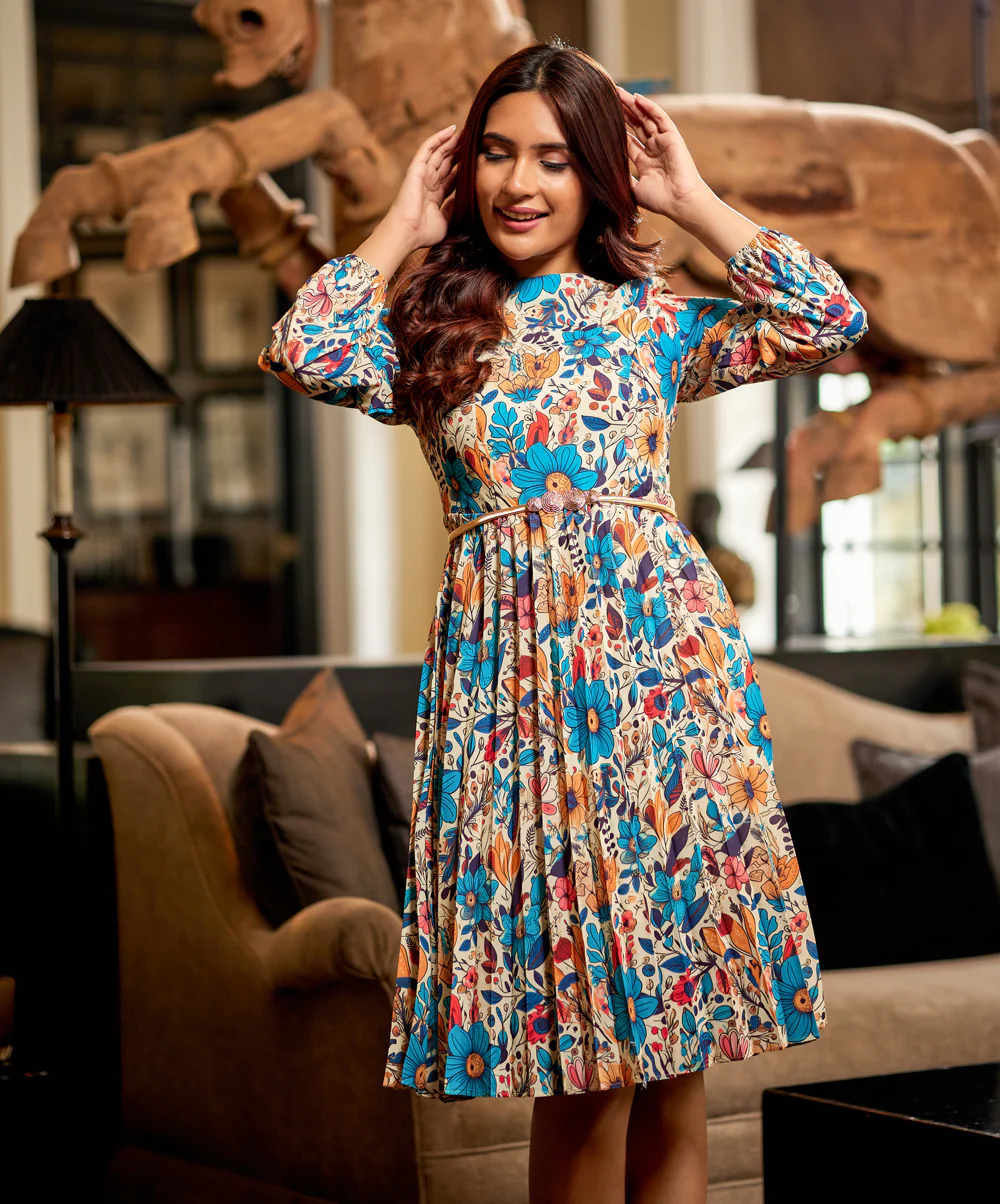Pleated Long Sleeve Floral Neck Dress - Image 3