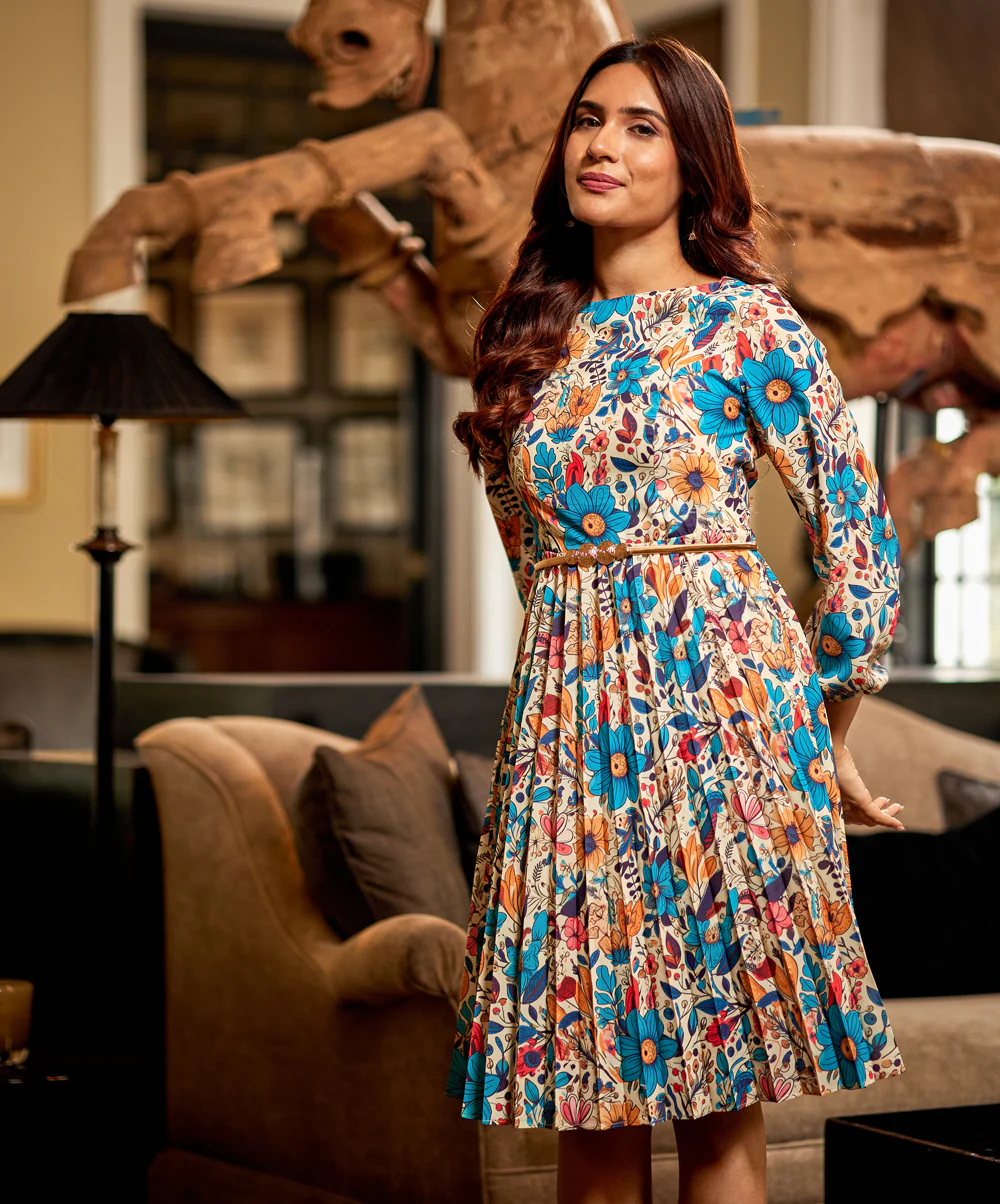 Pleated Long Sleeve Floral Neck Dress - Image 4