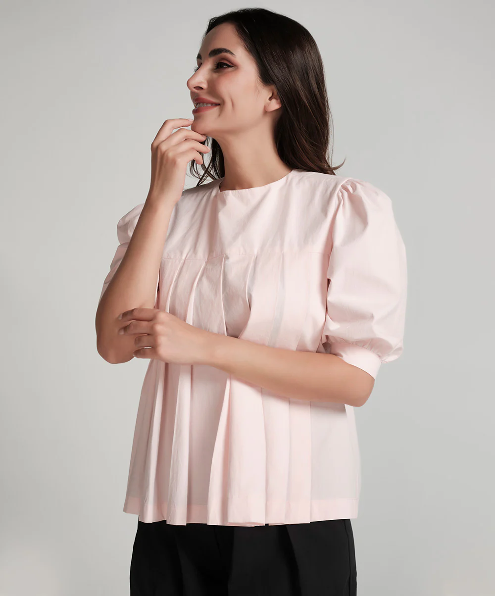 Pleated Short Sleeve Cotton Pink Top - Image 2
