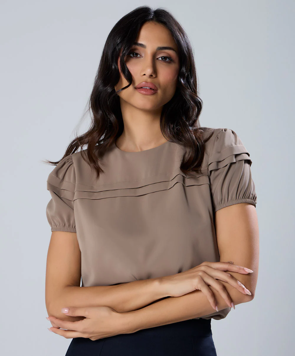 Pleated Sleeve Round Neck Brown Top - Image 4