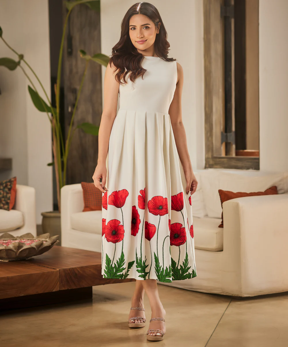 Pleated Tulip Print Midi Dress - Image 2