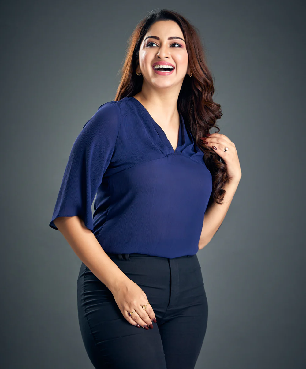 Pleated Vneck Moss Crepe Navy Top - Image 2