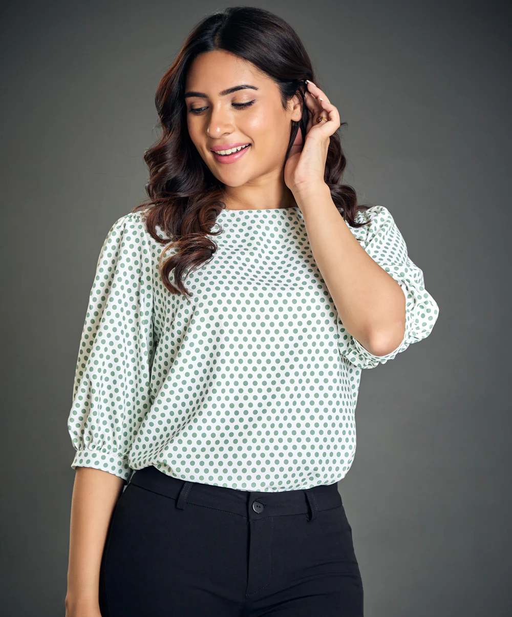 Polka Dot Print Puff Sleeve Blouse - Image 2