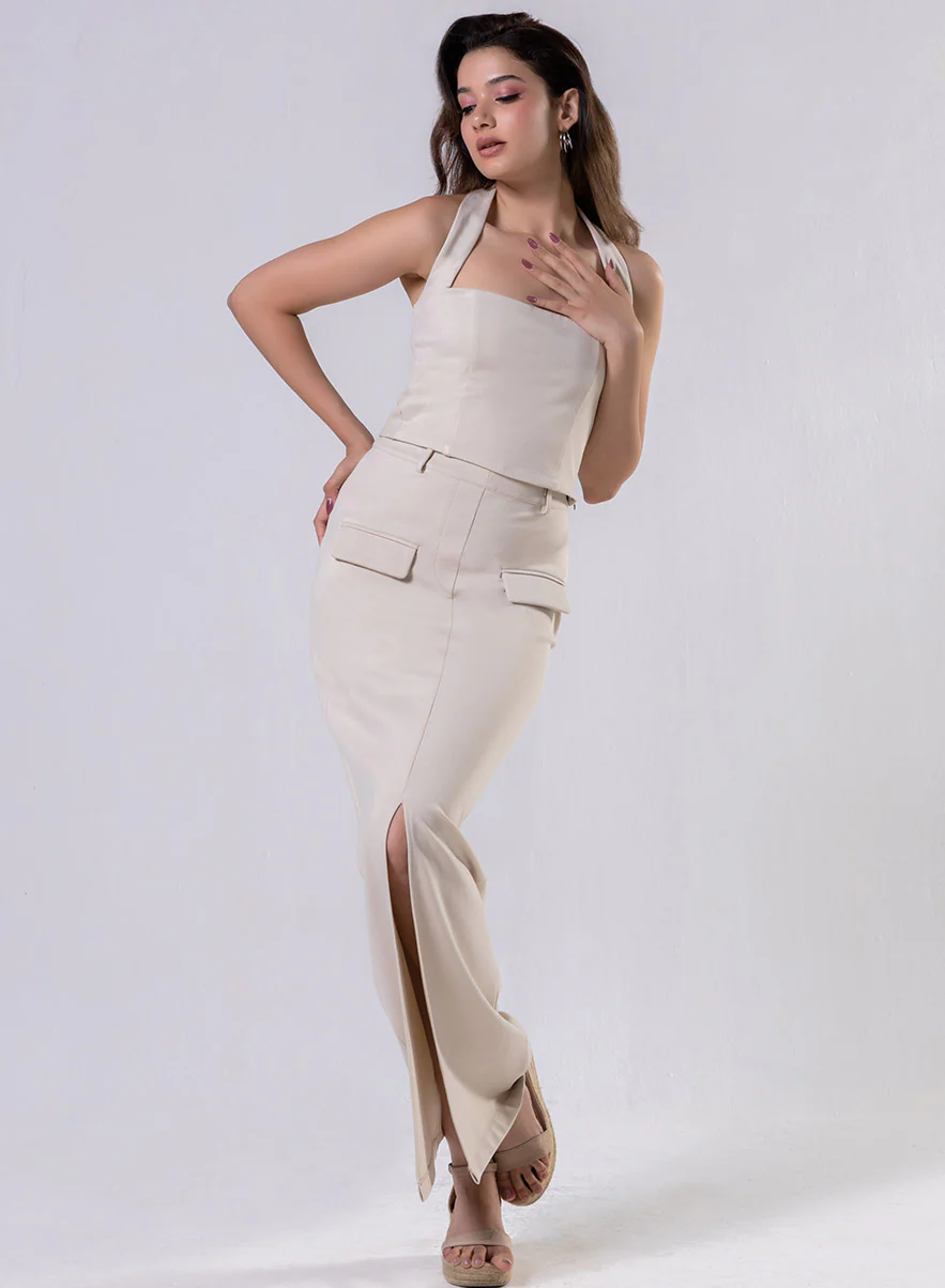 Ponte Skirt And Top Set - Beige