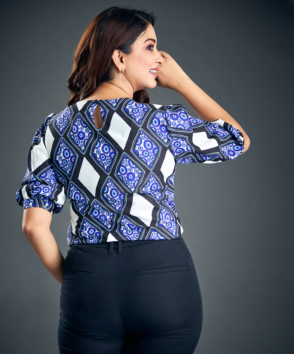 Print Puff Sleeve Blue Blouse - Image 2