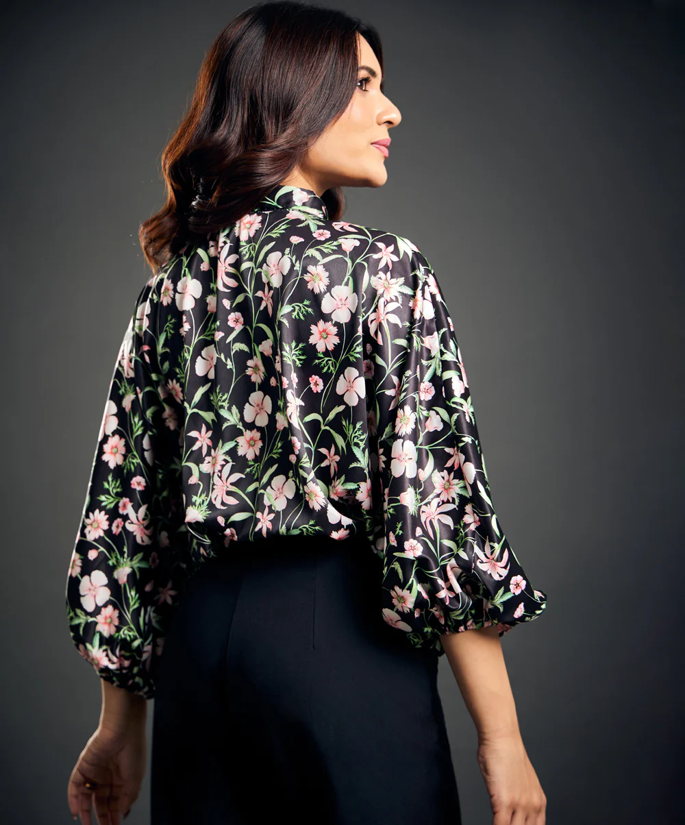 Printed Balloon Sleeve Satin Top - Image 3