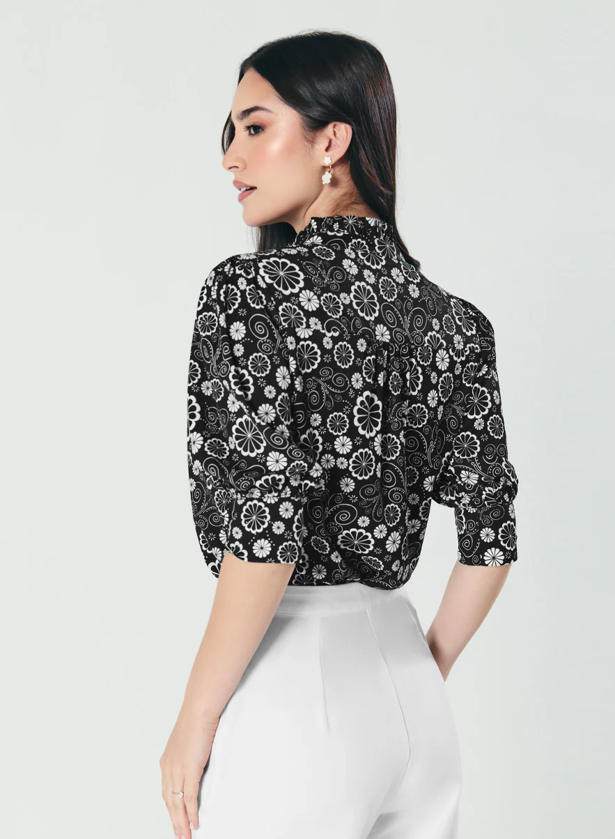 Printed Black White Three Quarter Top - Image 2
