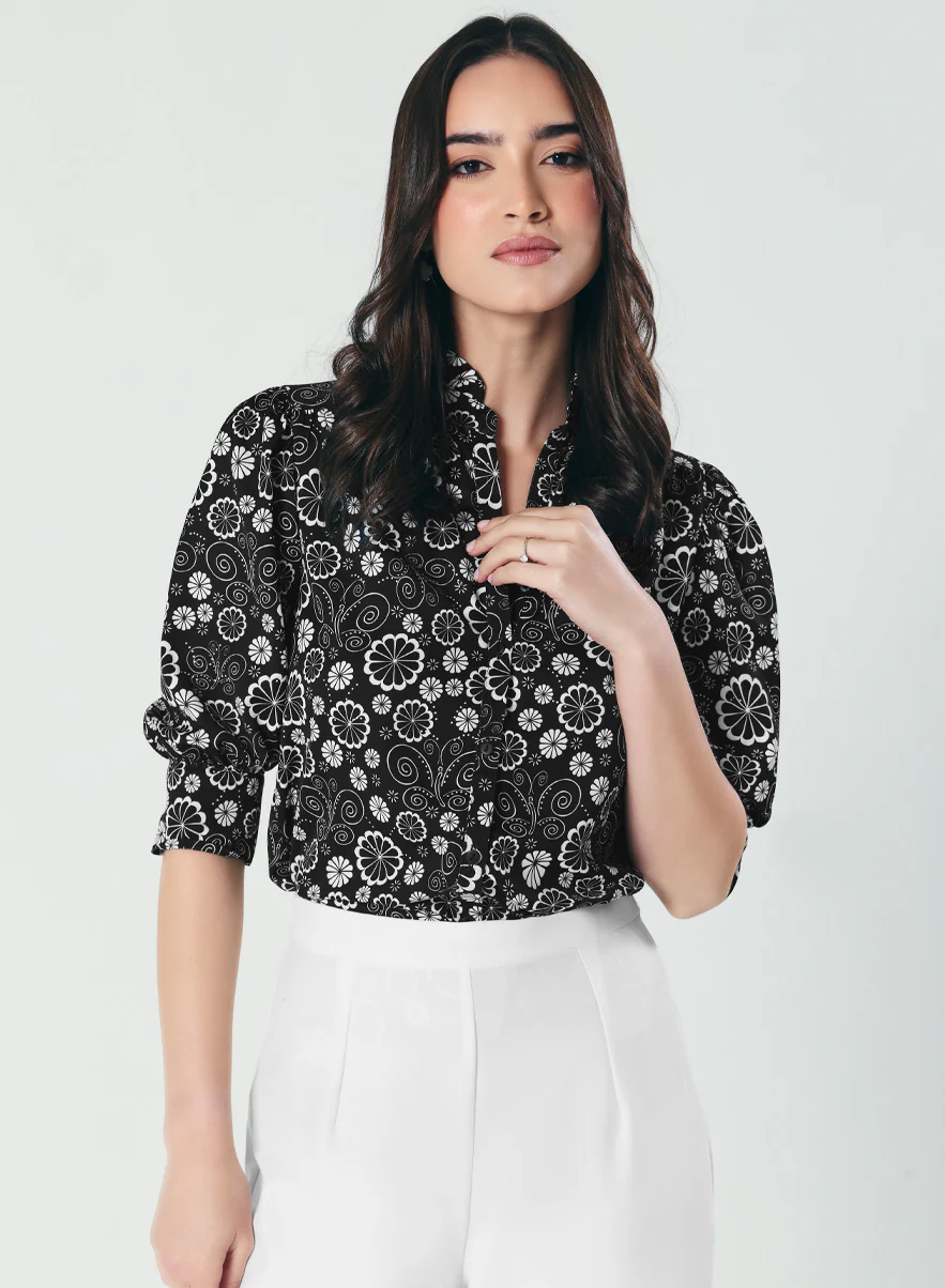 Printed Black White Three Quarter Top - Image 3