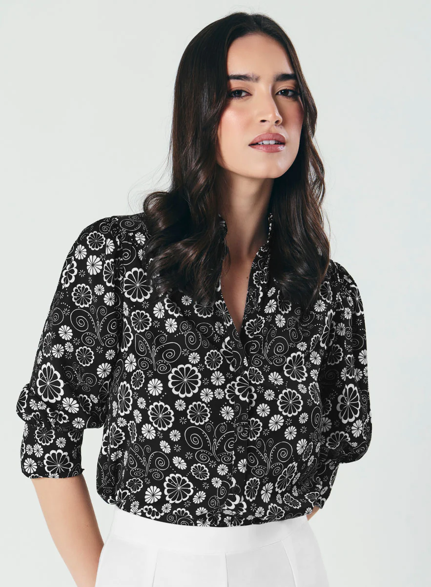 Printed Black White Three Quarter Top - Image 4