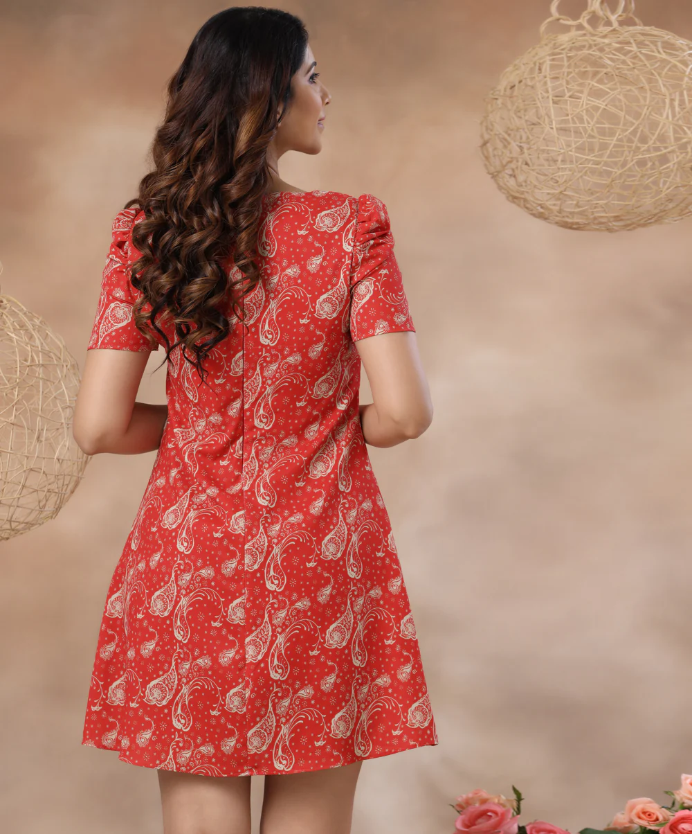 Printed Chiffon Puffed Sleeve Dress - Image 3