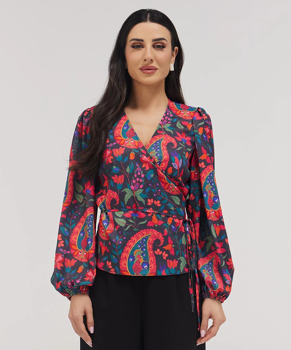 Printed Chiffon Wrap Around Blue Top - Image 2