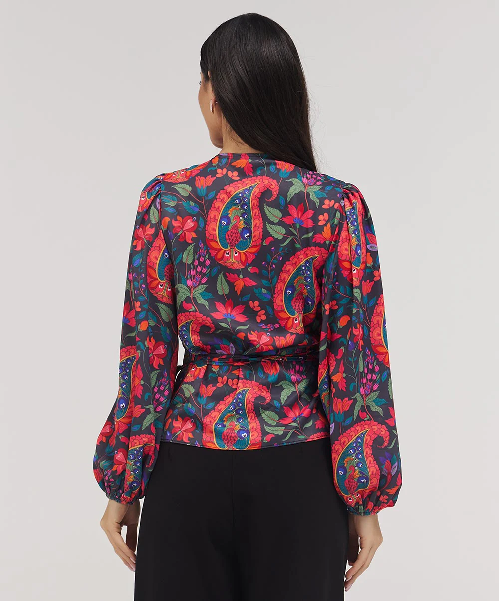 Printed Chiffon Wrap Around Blue Top - Image 4