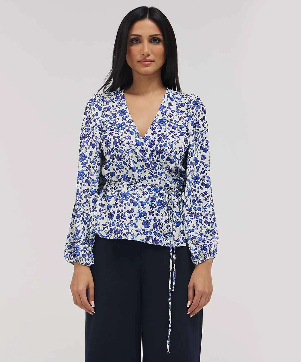 Printed Chiffon Wrap Around Peplum Top - Image 2