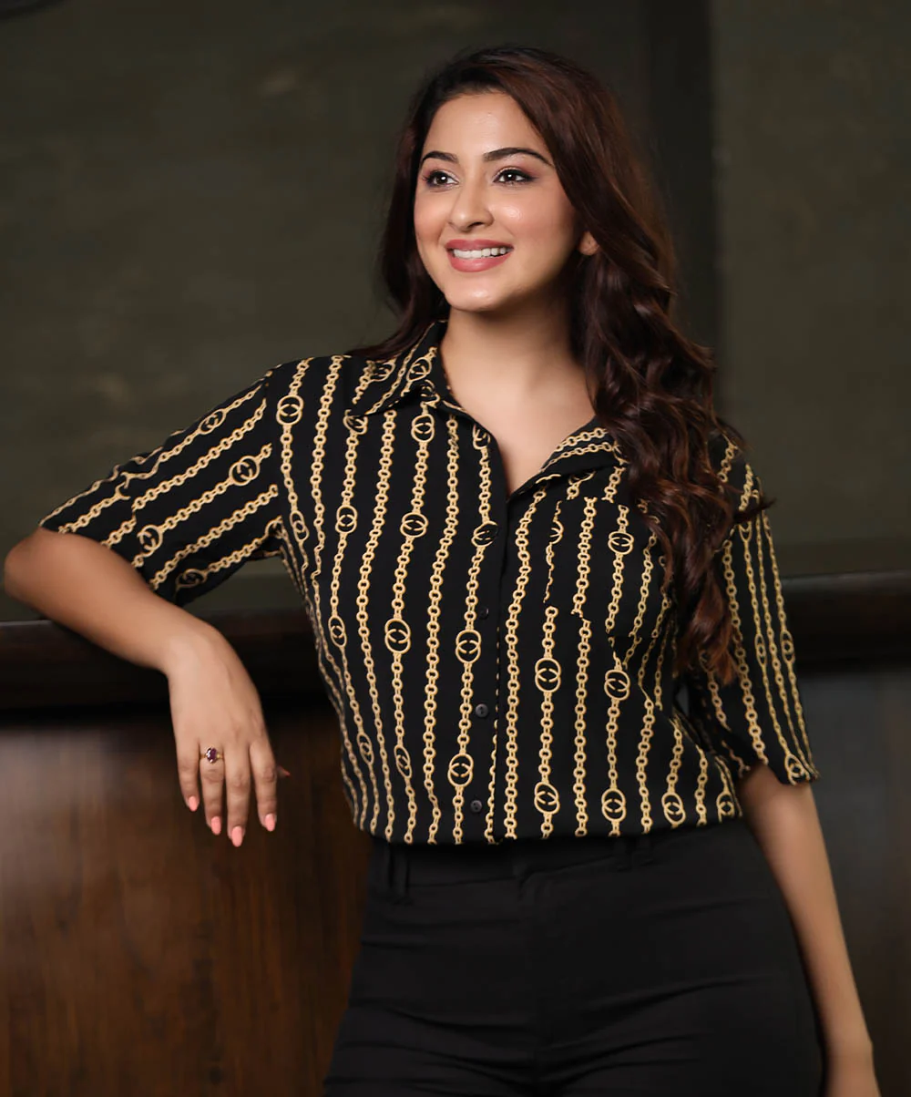 Printed Detailed Formal Black Shirt