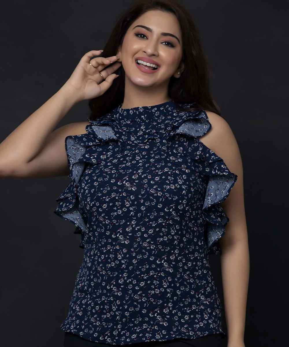 Printed Frilled Halter Neck Top