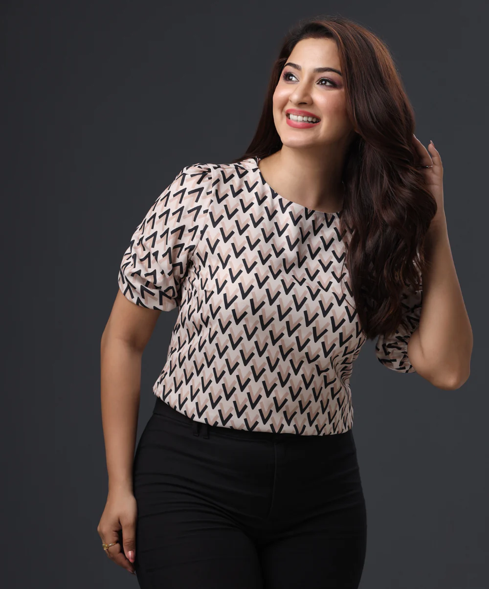 Printed Half Sleeve Beige Top