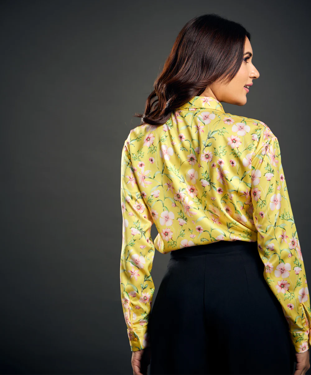 Printed Long Sleeve Yellow Satin Shirt - Image 4