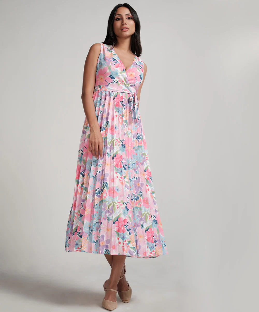 Printed Pleated Sleeveless Vneck Dress - Image 3