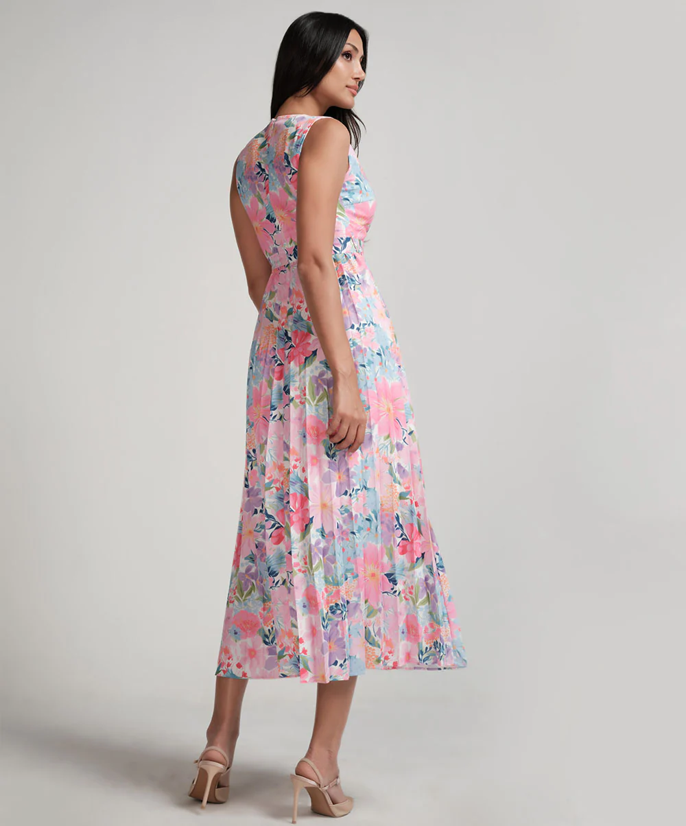 Printed Pleated Sleeveless Vneck Dress - Image 5