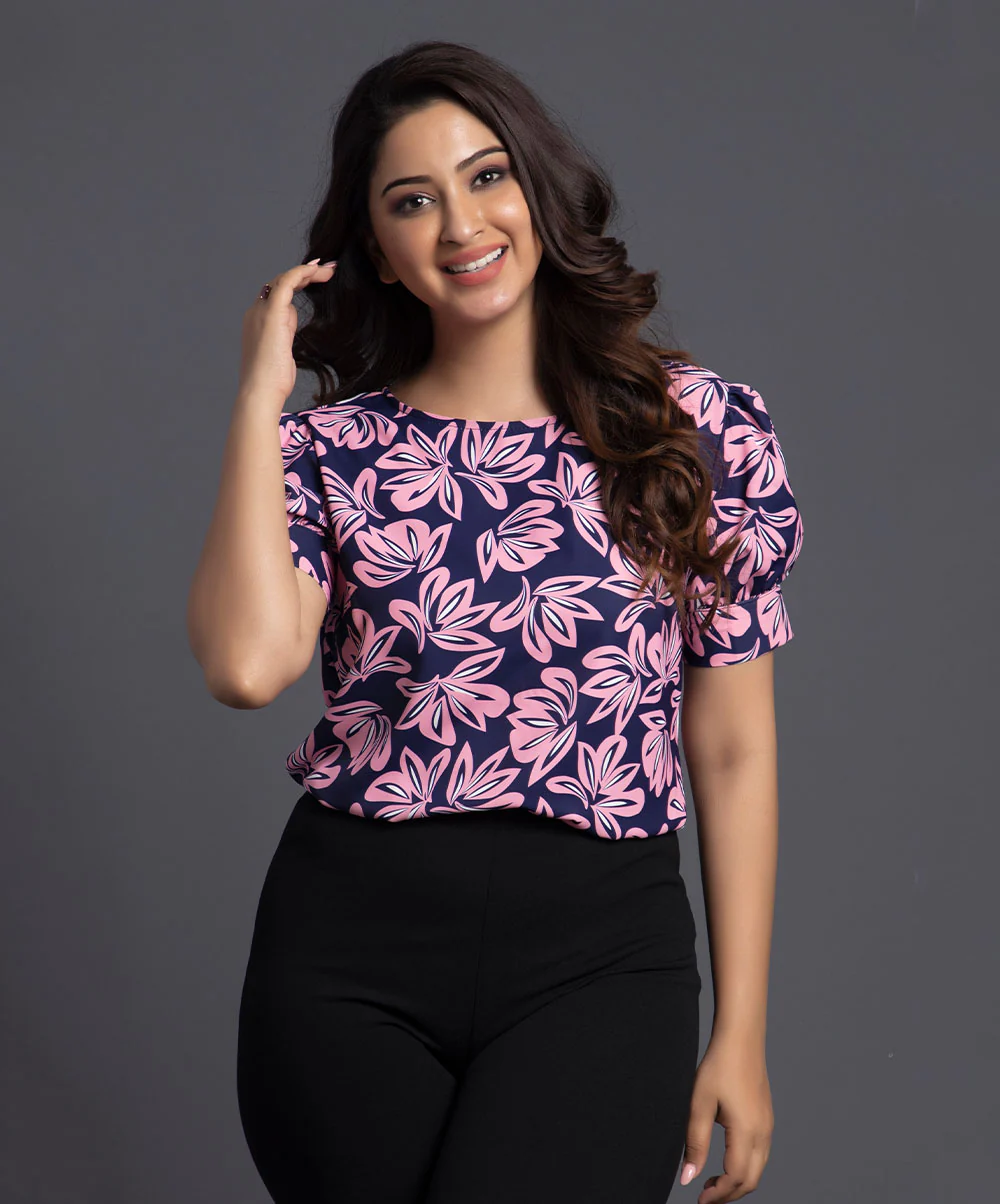 Printed Puff Pink And Blue Top