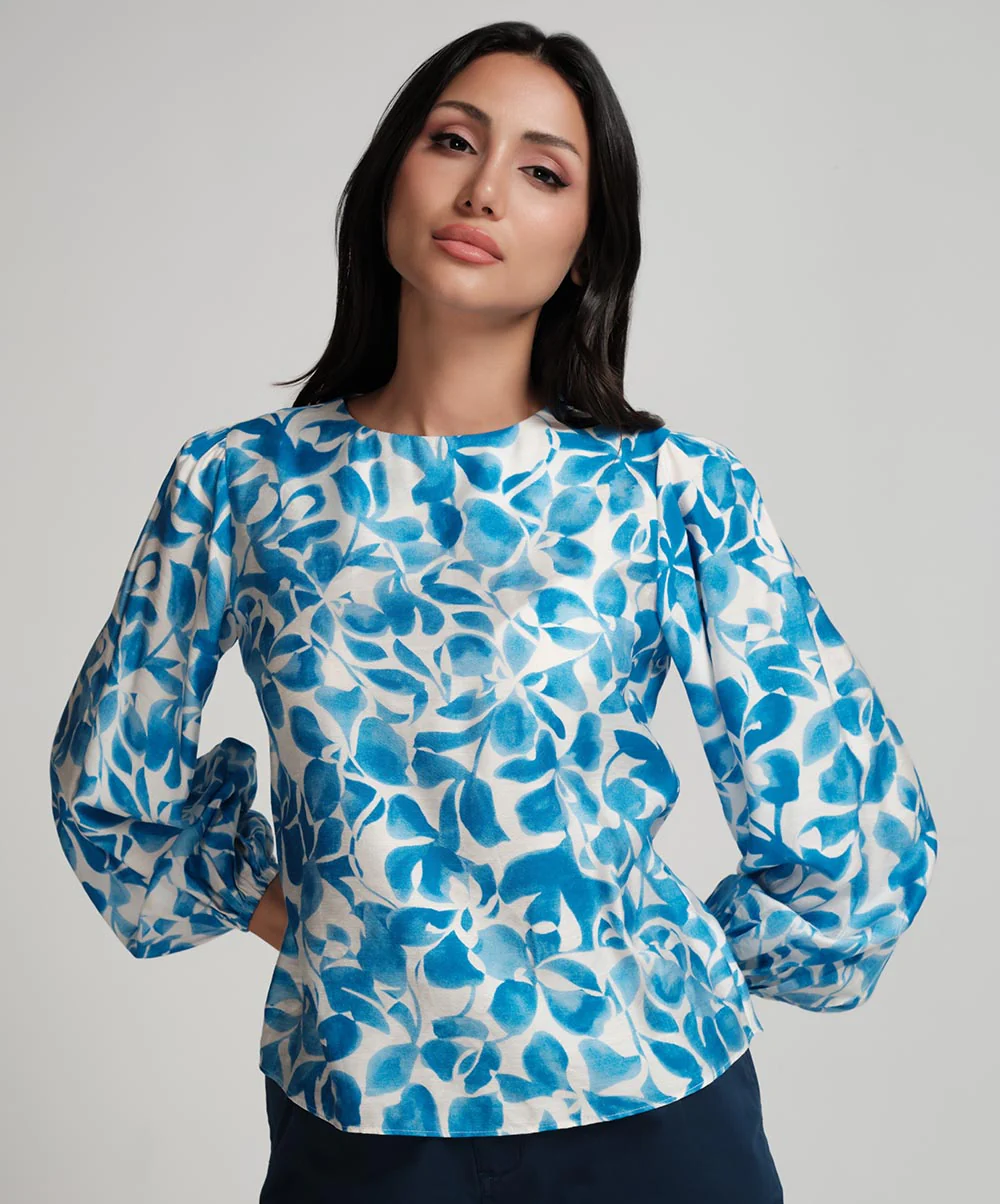 Printed Puffed Sleeve Blue Top - Image 3