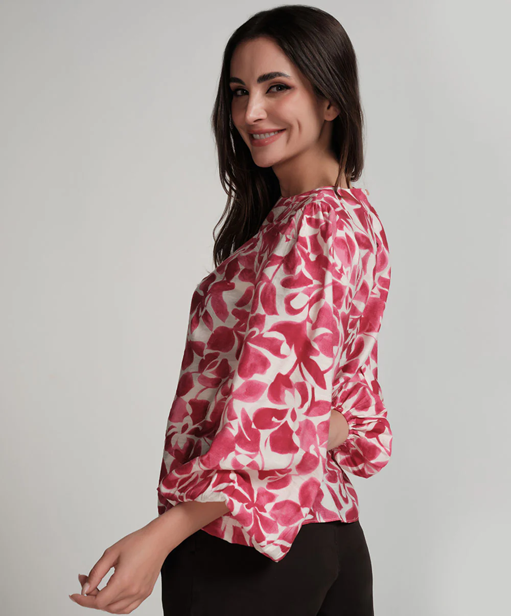 Printed Puffed Sleeve Red Top - Image 4