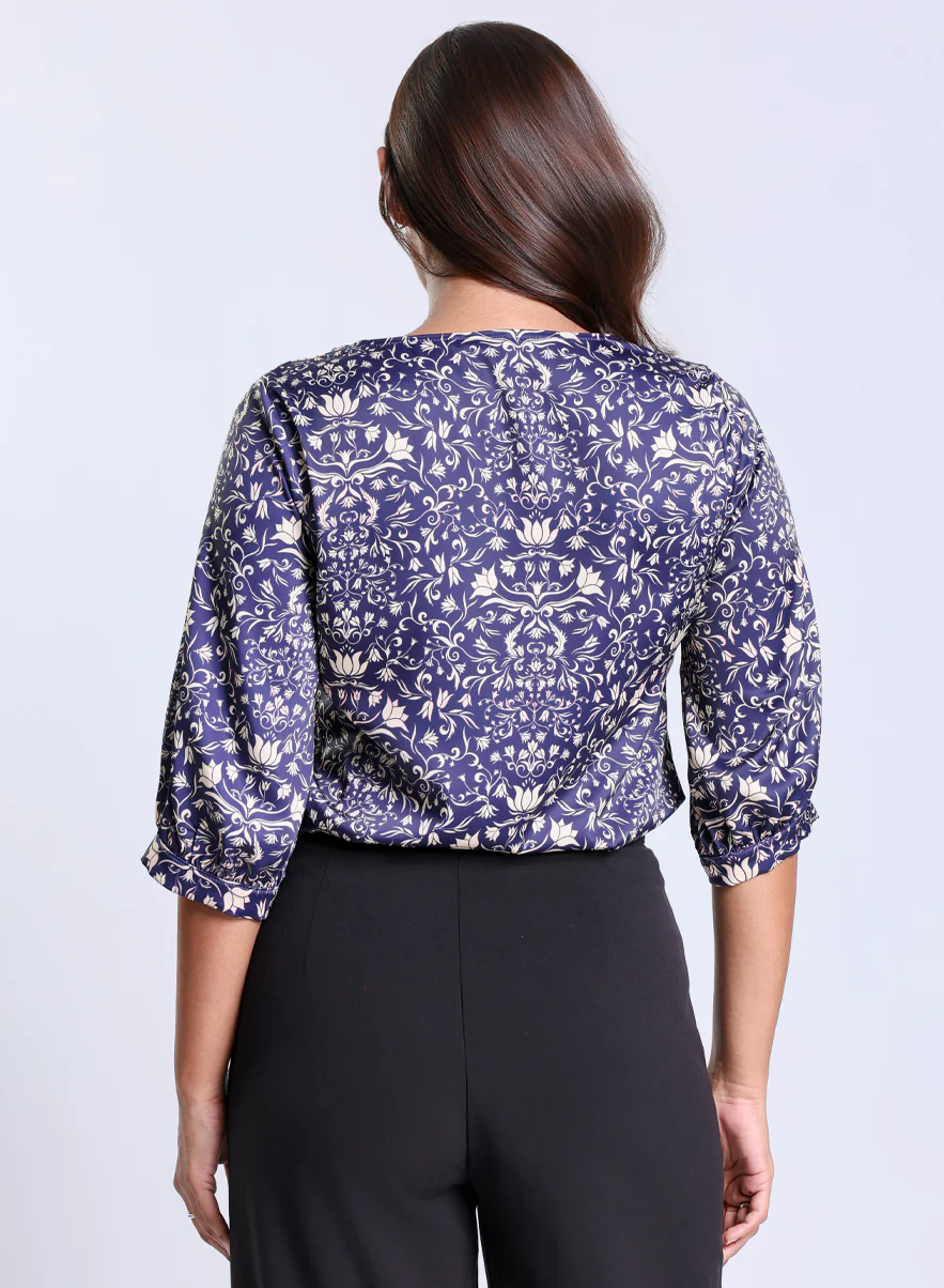 Printed Satin V Neck Blue Top - Image 3