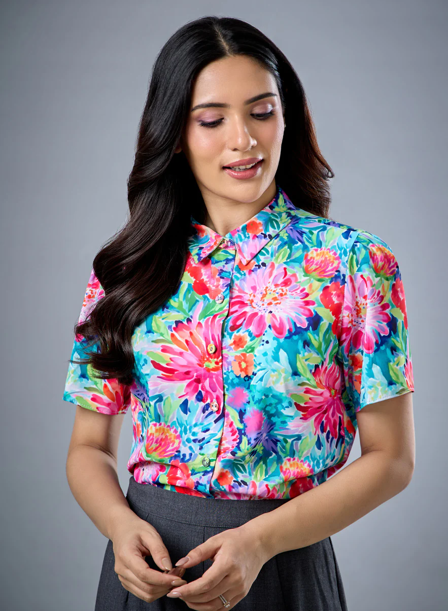 Printed Short Sleeve Floral Chiffon Top - Image 2