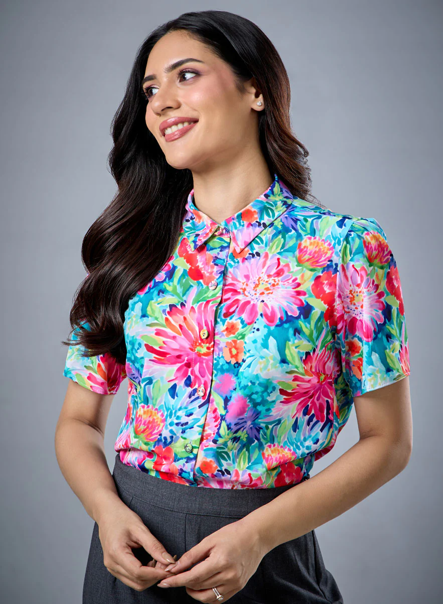 Printed Short Sleeve Floral Chiffon Top - Image 5