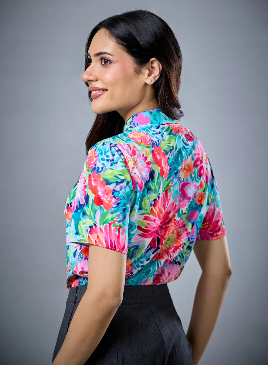 Printed Short Sleeve Floral Chiffon Top - Image 6